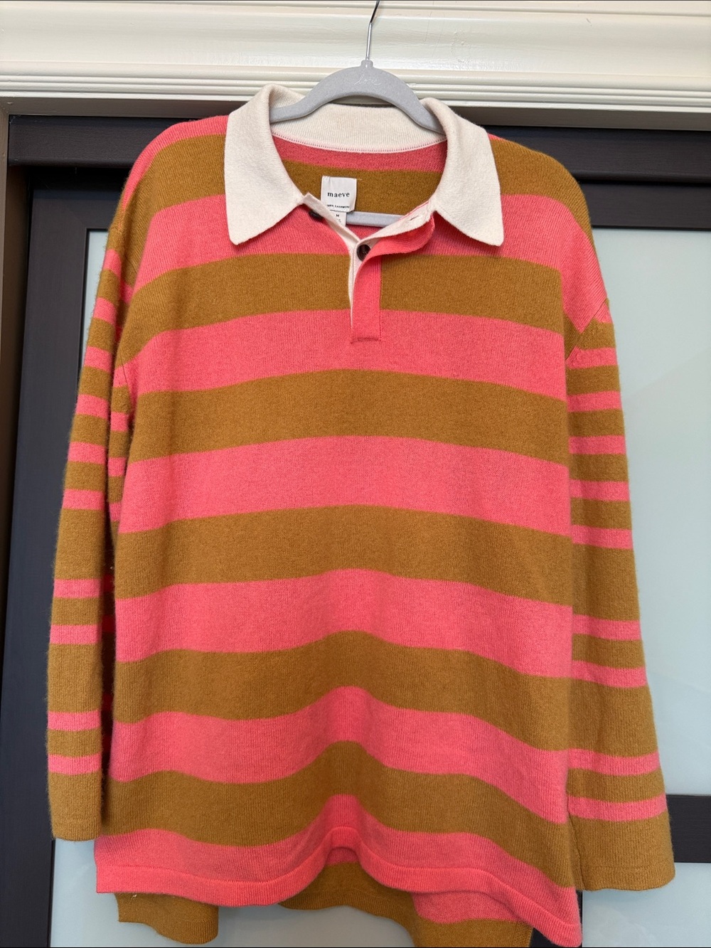 Maeve Striped Cashmere Polo in Vibrant Pink and Camel